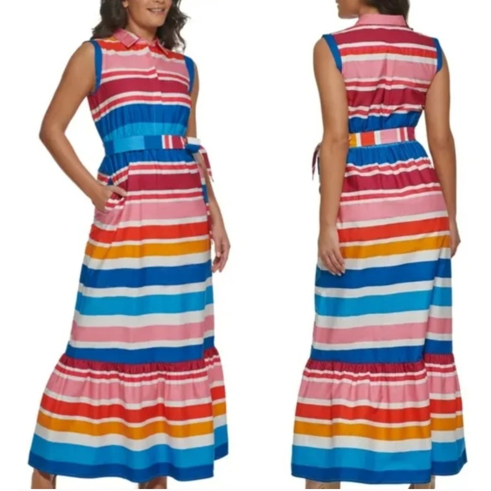 Kensie Maxi Dress Women's Striped Collared Sleeveless Belted Maxi‎ Dress Size 8